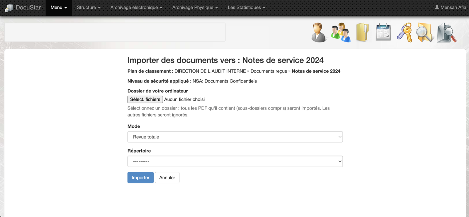 L'écran d'import en lot de Docustar vers un dossier de classement