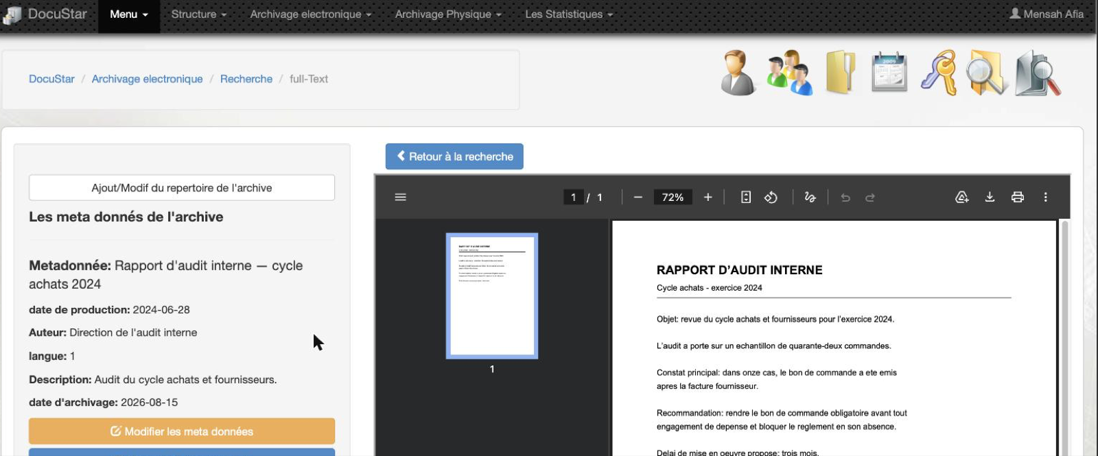 Un document trouvé par la recherche Docustar, ses métadonnées à gauche et le document affiché à droite