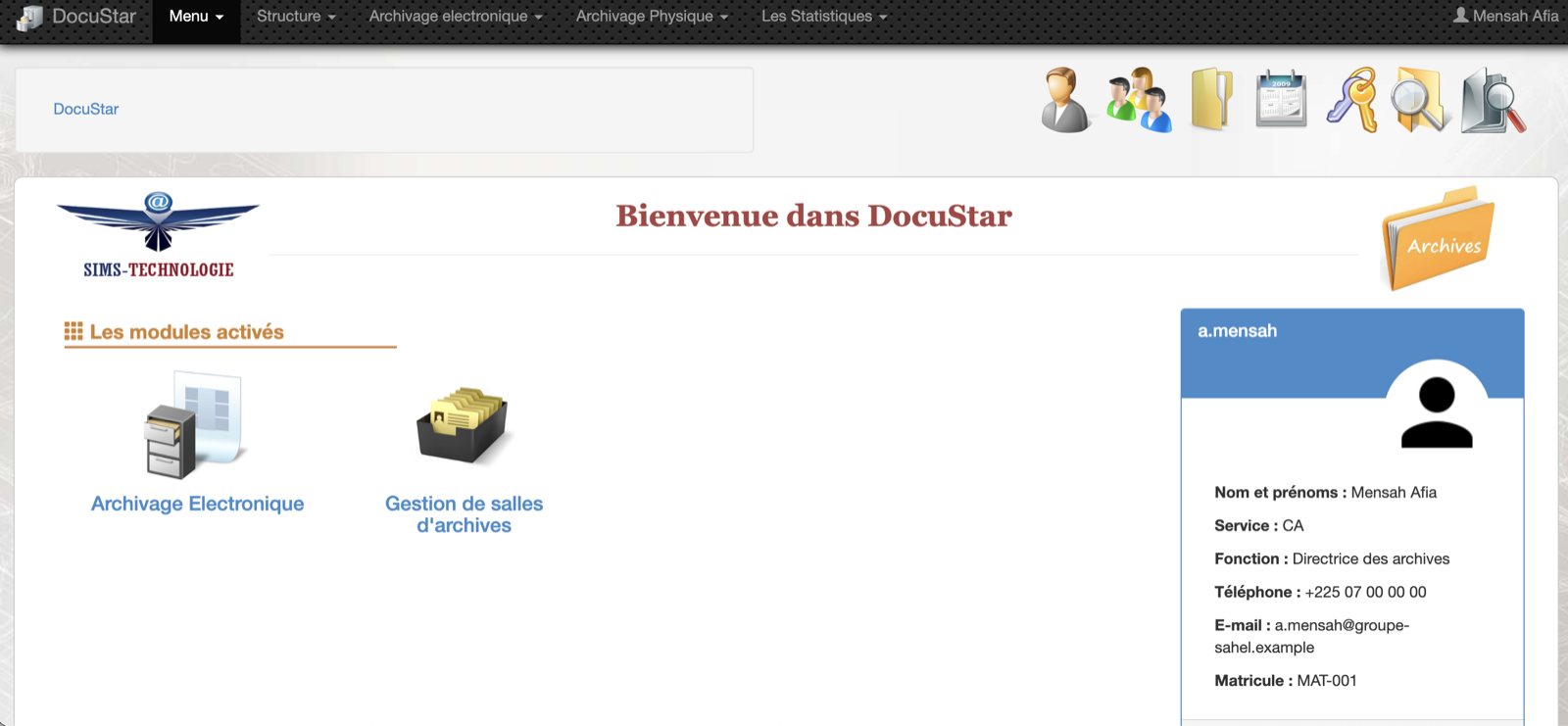 Le tableau de bord de Docustar à l'ouverture d'une session
